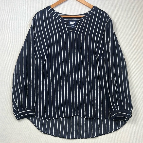 Lands’ End Size 18W Pop Over V-Neck Striped Blouse Nautical Navy and White - Picture 1 of 10
